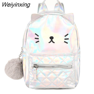 Weiyinxing FASHION Kids Cute Mini Cat Backpack for Girls Kindergarten Bookbag Laser Multi Color Cartoon Pack Travel Bag with Fur Ball